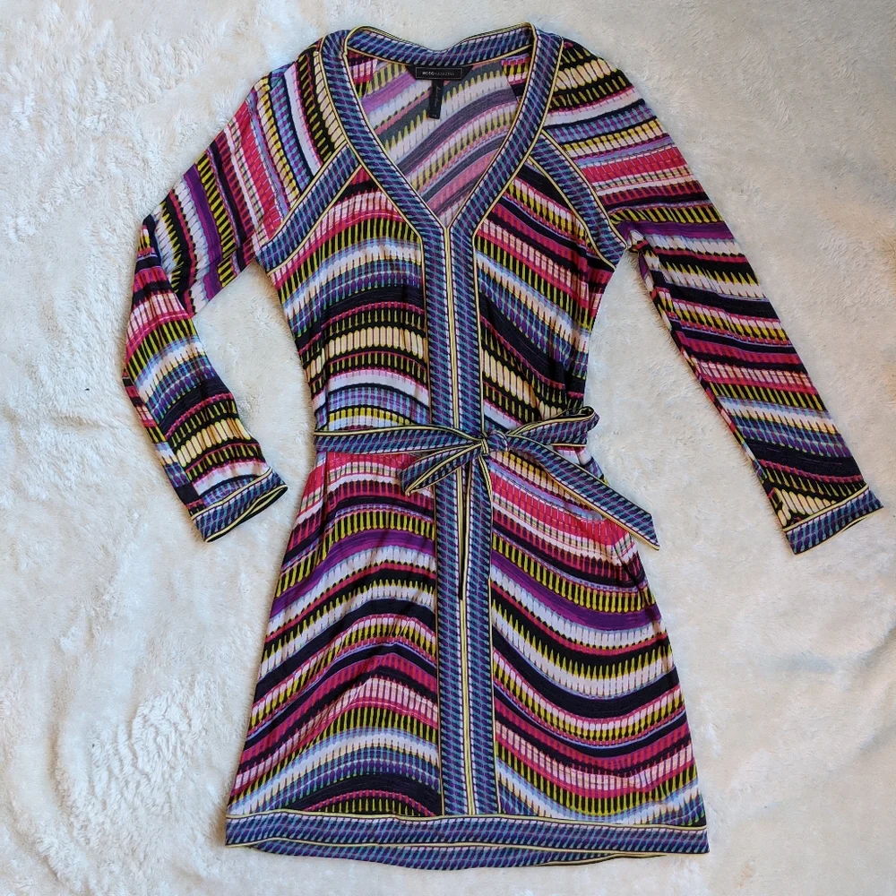 BCBGMAXAZRIA Multicolor V-Neck Long Sleeve Dress - Picture 1 of 6